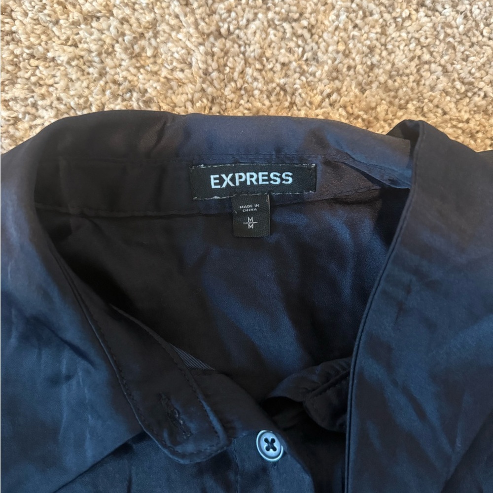 Express Navy Satin Button-Down Shirt